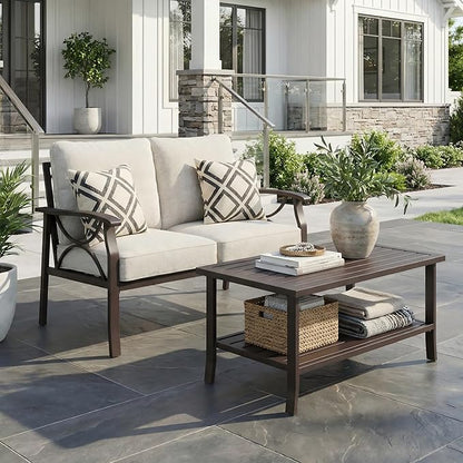 RoyalCraft 2-Pieces Outdoor Patio Furniture Set, Outdoor Metal Sectional Furniture with Cushions, Outdoor Conversation Set with Coffee Table for Backyard, Garden, Balcony, Deck, Beige