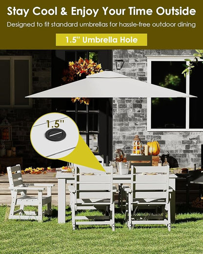 GREENVINES 7-Piece Outdoor Dining Set | HDPE | Patio Table and Chairs Sets for 6 | Patio Furniture | All Weather | Umbrella Hole | White | for Backyard Poolside Garden