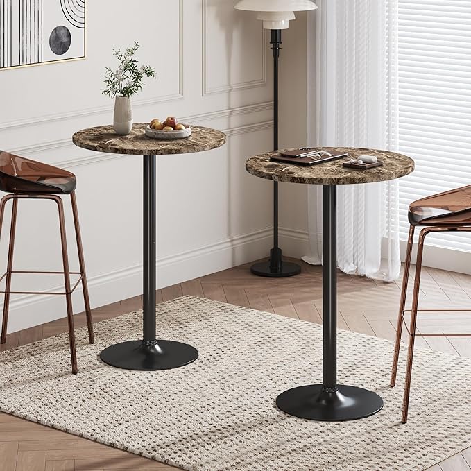 Flamaker Round Bistro Pub Table Modern Style Metal Base MDF Top Cocktail Bar Table Counter Bar Height for Pub, Dining Room, Party (2, Marble-Black)