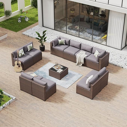 Aoxun 11 Piece Patio Furniture Set Wicker Rattan Patio Conversation Set Outdoor Sectional Sofa Set with Coffee Table and Thickened Cushions, Gray(Waterproof Cover Included)