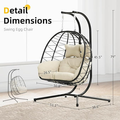 Double Egg Chair with Stand Hammock Swing Chair Foldable Hanging Loveseat, UV Resistant Removable Cushions, 700LBS Capacity for Bedroom, Balcony, Garden(BK-BE)