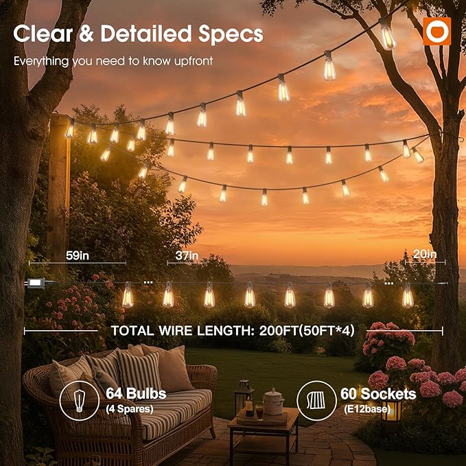 addlon 200FT Smart Outdoor String Lights with APP Control, Waterproof Patio Lights ETL Listed with Shatterproof Dimmable ST38 LED Bulbs Connectable Outdoor Lighting for Backyard Bistro Garden Bistro