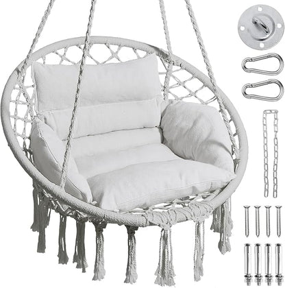 Greenstell Hammock Chair, Macrame Swing Chair with Comfy Cushion, Boho Hanging Chair for Outdoor & Indoor, Perfect for Bedroom, Patio, Balcony, Hold up to 330Lbs, Grey
