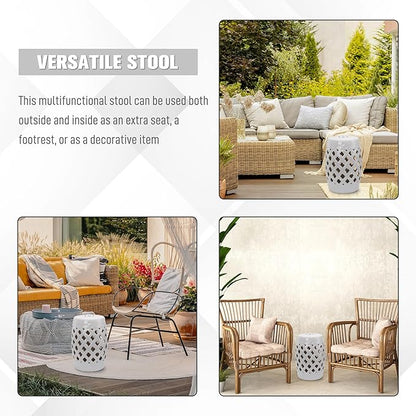 Decorative Garden Stool, White Ceramic Woven Lattice Accent Seat