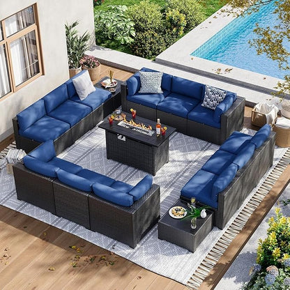 Aoxun 15 Piece Patio Furniture Set with 44” Fire Pit Table, Wicker Rattan Patio Sectional Sofa, Outdoor Furniture Set with Thickened Cushion, Blue