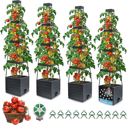 MQFORU 4Pack Raised Garden Bed Planter Boxes with Trellis, 57" Self-Watering Tomato Planter Boxes with Trellis for Climbing Vegetable and Plants, Tomato Cage for Indoor Outdoor Use