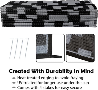 SAND MINE Waterproof Outdoor Rug 9x18 ft, Plastic Reversible Rug, Modern Area Rug, Large Floor Mat for Outdoors, RV, Patio, Backyard, Deck, Picnic, Beach, Camping, Black Grey Lattice