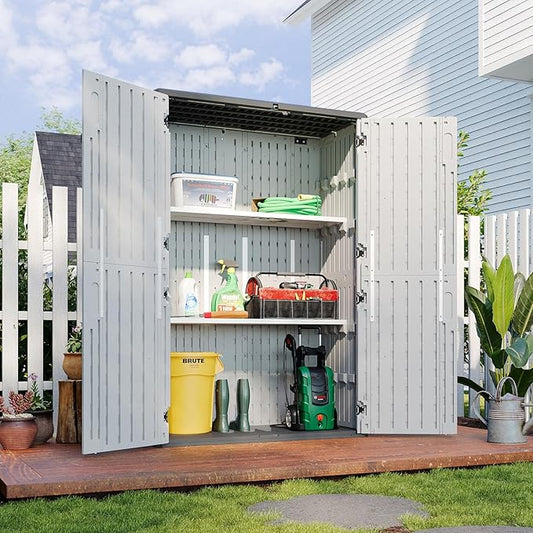 Aoxun White Resin Outdoor Storage Shed with 2 Shelves & Floor, 64 Cu.Ft Vertical Waterproof Cabinet for Garage, Pool, Bike, Garden Tools, Patio Furniture