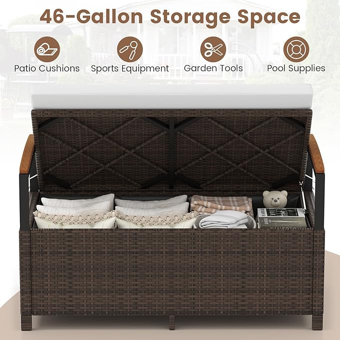 Storage Bench, 2-Person Brown PE Rattan with 46-Gallon Storage