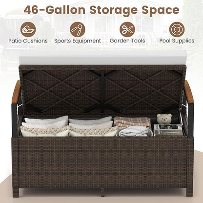 Storage Bench, 2-Person Brown PE Rattan with 46-Gallon Storage