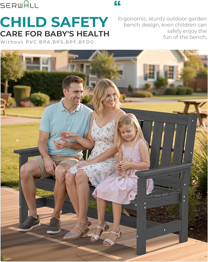 SERWALL Outdoor Bench with Cup Holder, 58" HDPE Garden Park Bench Suitable for 3 Person, All Weather Patio Benches with High Backrest and Wide Armrests for Garden, Park, Yard, Front Porch, Grey