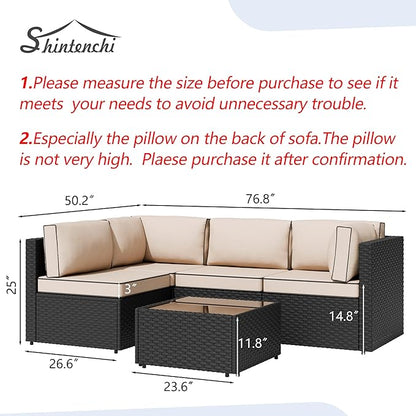 Shintenchi 5 Pieces Outdoor Patio Sectional Sofa Couch, Black PE Wicker Furniture Sets, Patio Conversation Sets with Washable Cushions Glass Coffee Table for Garden, Poolside, Backyard,(Khaki)
