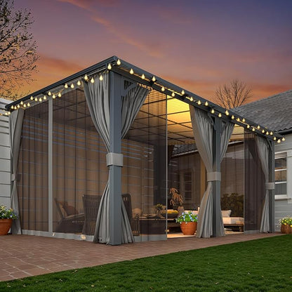 AECOJOY 14' x 12' Gazebo Outdoor Pergola with Curtains and Netting for Patio, Large Wall-Mounted Hardtop 12x14 Lean to Metal Heavy Duty Gazebo, Pergolas and Gazebos Clearance with Patio Roof Awnings