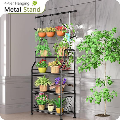 GIOTORENT Plant Stand Indoor Outdoor, 4-Tier Heavy Duty Metal Shelves, Display up to 17 Multiple Plants, Tall Plant Holder with Plant Hanger, Suit for Patio Living Room Garden Balcony, 5 Hooks, Black