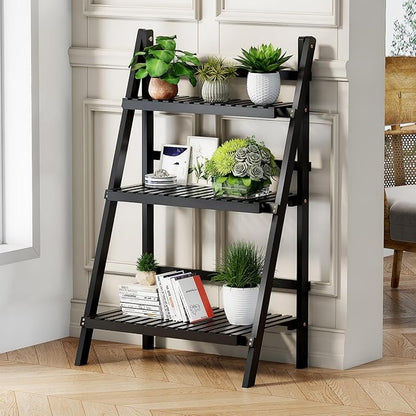 39.4" Foldable Plant Shelf Ladder Shelf, 3 Tier Bamboo Ladder Flower Pot Display Shelf, Freestanding Ladder Bookshelf for Garden, Balcony, Yard, Living Room, 23.6" W x 15" D x 39.4" H, Black
