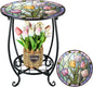Outdoor Side Table Round Small Mosaic Patio Accent Indoor End Plant Coffee Tea Table for Yard Patio Porch Garden Living Room, Bedroom(Tulip Style,14 Inch)