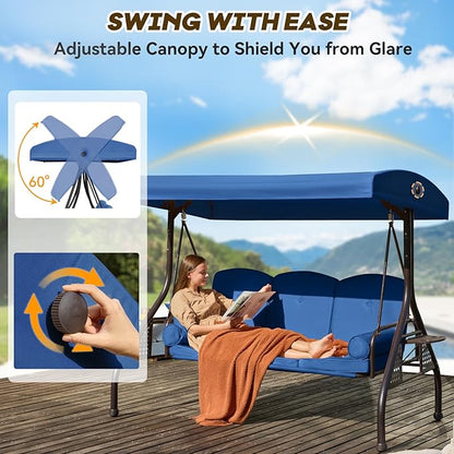 3 in 1 Outdoor Porch Swing with Adjustable Canopy, 3 Seat Outdoor Swing for Adults, Patio Swing Chair with Thickened Cushions,Pillows & Cup Holders for Backyard, Porch, Garden (Blue)