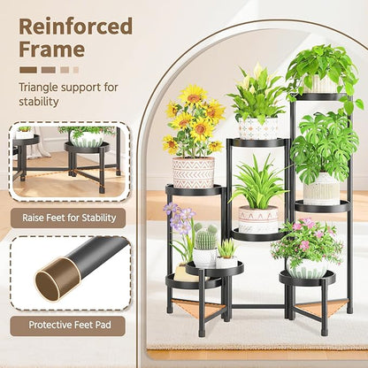 LASZOLA 8 Tiered Folding Tall Plant Stand Indoor for Multiple Large Planter, Heavy Duty Metal Adjustable Flower Rack for Narrow Corner, Sturdy Vertical Spiral Shelving Holder for Modern House, Black