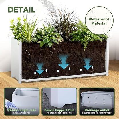 Steel Planter Box-32"x15"x15"-Rectangular Planters for Outdoor Plants, White Matel Planter Box Raised Support Feet for Patio, Deck, Garden, Yard, Drain Holes, Easy Assembly