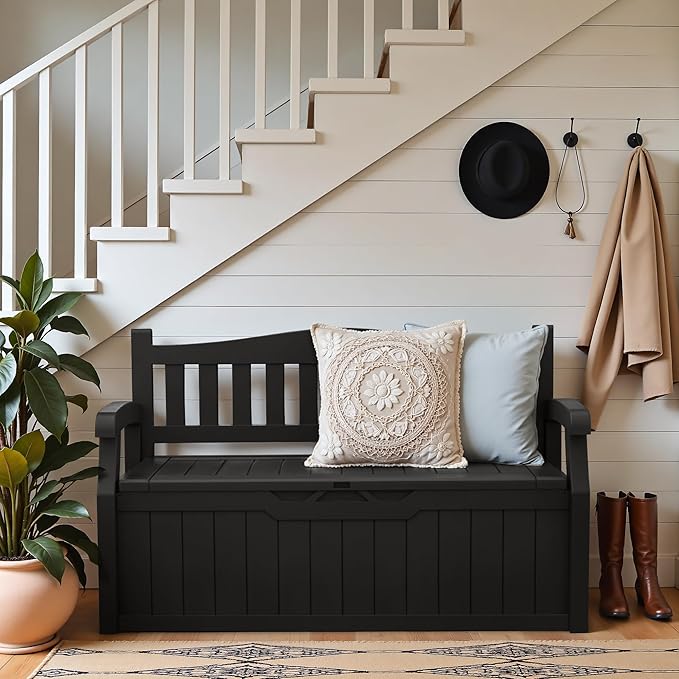 Bench with 80-Gallon Hidden Storage, Resin Build, Dark Black