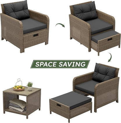 LHBcraft Balcony Furniture 5 Piece Wicker Patio Furniture Set, Outdoor Hand-Woven Rattan Lounge Chairs with Tempered Glass Coffee Table, Ottomans & Soft Cushions for Front Porch, Garden, Black