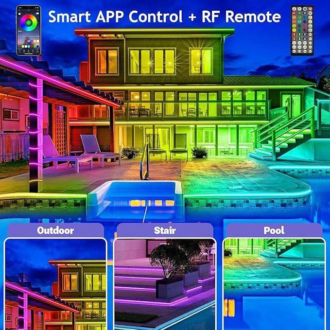 AILBTON 300ft Outdoor LED Strip Lights Waterproof,IP68 Outside Led Light Strips Waterproof with Bluetooth App Remote Control,Music Sync RGB Exterior Led Rope Lights,for Balcony,Deck,Roof,Garden,Pool