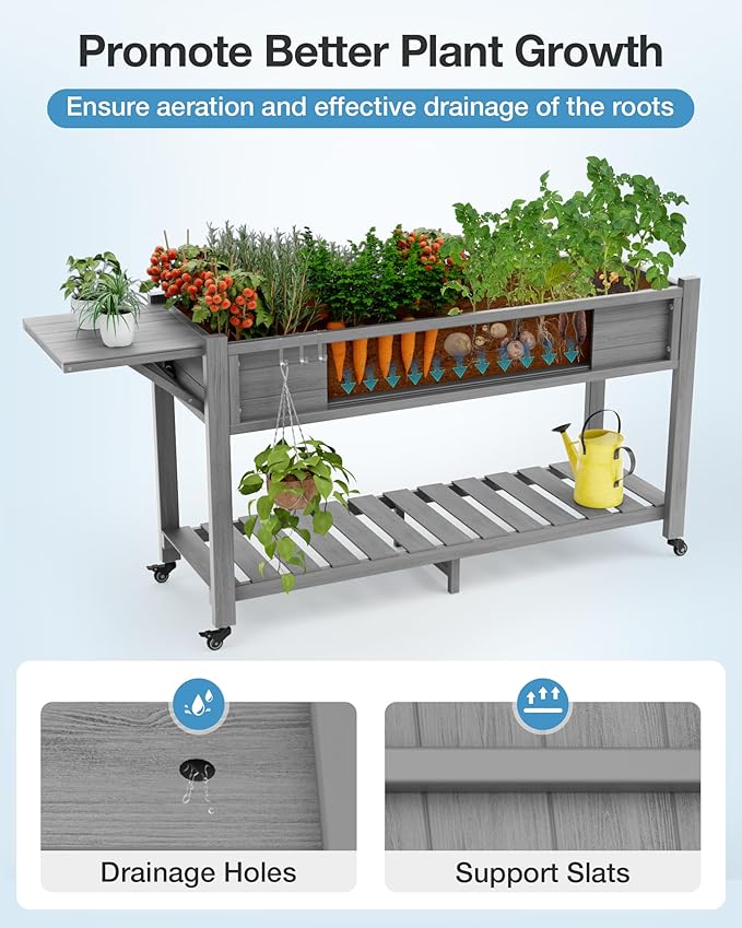 YEFU Raised Garden Bed with Legs: 57x18x30in Elevated Poly Planter with Wheels,Waterproof Mobile Raised Bed Garden, Elevated Planter Box Stand with Storage Shelf,for Deck,Patio,Porch,Yard (Grey,2pcs)
