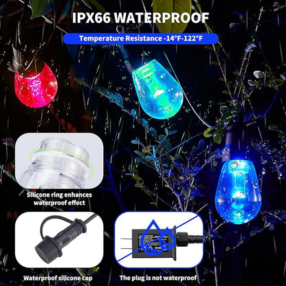 Outdoor String Lights 27FT, Outdoor Lights for Patio with 10 Dimmable RGBW LED Bulbs, IP66 Waterproof Shatterproof, with APP Control & Remote, 24V Adapter Color Change,for Backyard Decor