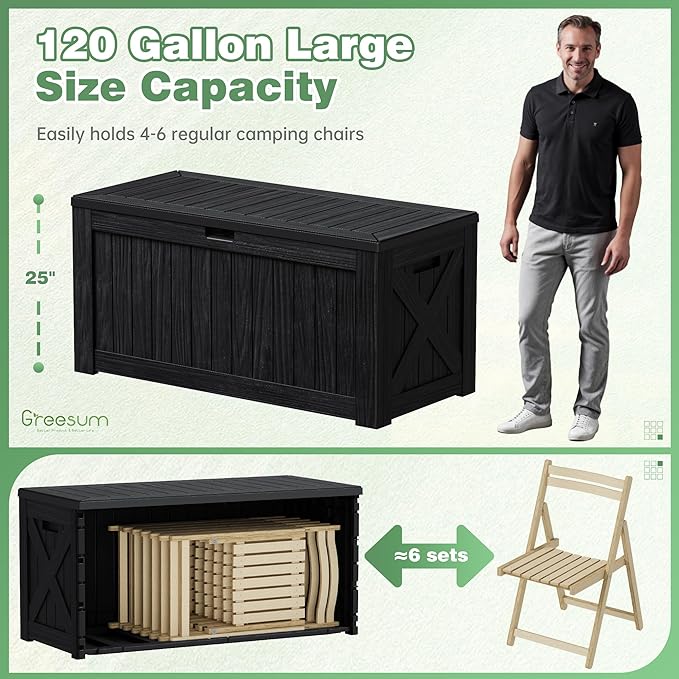 Deck Box, 120 Gallon Resin Outdoor Storage Container with Lid in Black