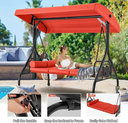 HOMREST 3 Seat Outdoor Porch Swing with Adjustable Canopy, Convertible Patio Swing Bed with Stand, Patio Glider Swing with Upgraded Cup Holder, Thicken Cushions ＆ Pillow for Backyard(Orange)