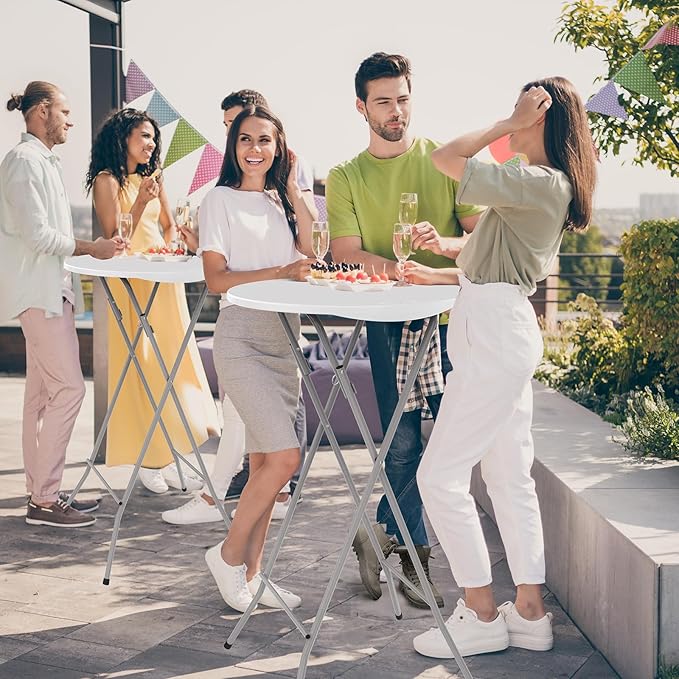 VINGLI 24" Plastic Folding Round Table Bar Height, HDPE Matrial with Gray Metal Finish, High Top Table for Outdoor Party, Cafes, Restaurants, Backyard, Dining Room, Wedding Event,1 Pack, White