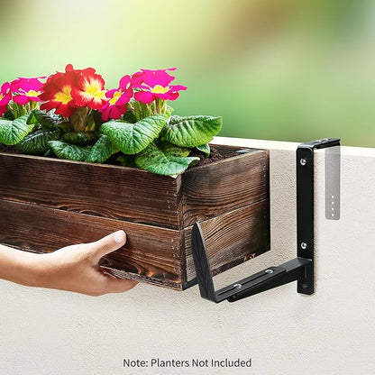 Window Box Brackets, Adjustable Planter Box Brackets, Heavy Duty Iron Flower Box Bracket for Deck Railing with Upgraded Bottom Support - Ideal for Balconies, Fences, and Gardens (4 Pack)