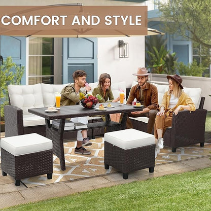 KROFEM6-Piece Patio Furniture Set, Outdoor Sectional Sofa with Dining Table & Chairs, All-Weather Dining Set with Removable Cushion Covers, Ideal for Garden, Porch, Backyard, White