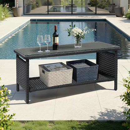 VINGLI Outdoor Wicker CoffeeTable Patio Coffee Tables for Outside, Tempered Glass Top Wicker Table with Storage Coffee Table for Patio Balcony Porch Deck (Black)