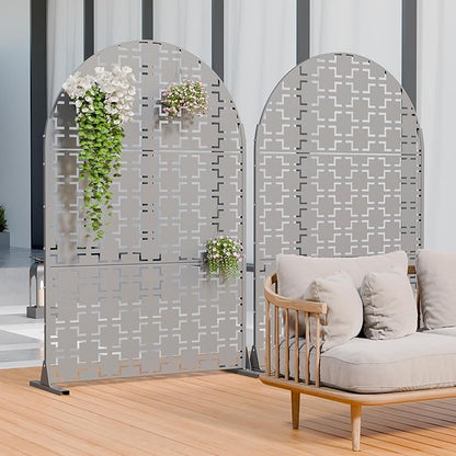 Casaphoria 72" H x 47" W Arched Metal Privacy Screen - Elegant Freestanding Outdoor Screen for Deck, Patio & Balcony - Versatile Decorative Privacy Panels for Home & Garden Use (Grey-Square)