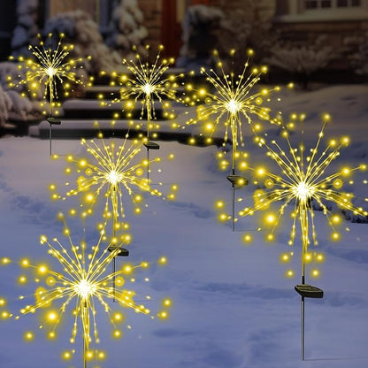 Solar Garden Firework Lights Outdoor Waterproof 6 Pack Solar Powered Art Stake Twinkle Lighting for Outside Decor, 120 LED Sparklers String Lights for Yard Pathway Patio Party Decorations (Warm White)
