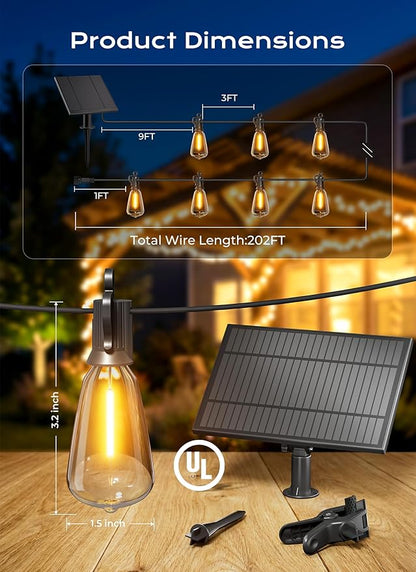 Brightown 202FT Solar String Lights Outdoor Waterproof, Patio Lights with Remote and 65+2 LED Shatterproof Bulbs, Dimmable & Timable, 3 Light Modes, Solar Lights Outdoor for Yard Camping Party Outside