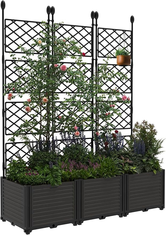 3 PCS Raised Garden Bed with Trellis, 48" LX16 WX63 H Plastic Planter Box for Climbing Plants, Outdoor Vertical Garden with Privacy Screen for Patio, Balcony, Backyard – Sturdy & Lightweight
