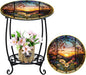 Outdoor Side Table Round Small Mosaic Patio Accent Indoor End Plant Coffee Tea Table for Yard Patio Porch Garden Living Room, Bedroom(Sunset and Flowers,14 Inch)