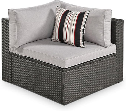 Merax 7-Piece Outdoor Wicker Sectional Sofa Set,Modular Rattan Conversation Set with Gray Cushions,Striped Green Pillows & Tempered Glass Coffee Table for Patio,Garden,Deck,Brown