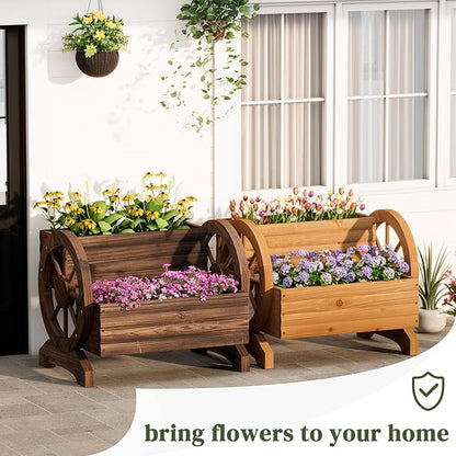 Wooden Wagon Planter Flower Cart with Wheels Garden Box Garden Planter, Decorative Planter for Flowers Herbs Vegetables for Indoor & Outdoor Décor Flower Cart for Patio Garden Balcony (Carbonized)