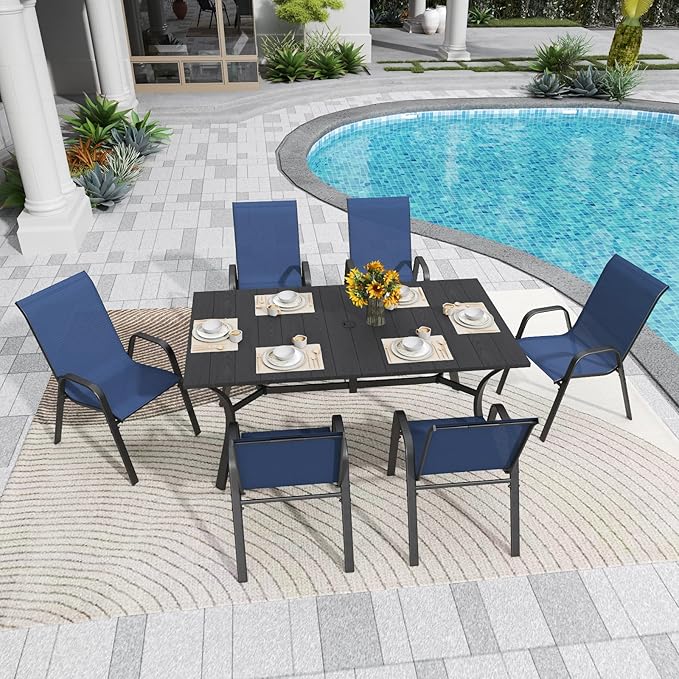 Patio Dining Chairs, Stackable Textilene Mesh, Dark Blue, Set of 4