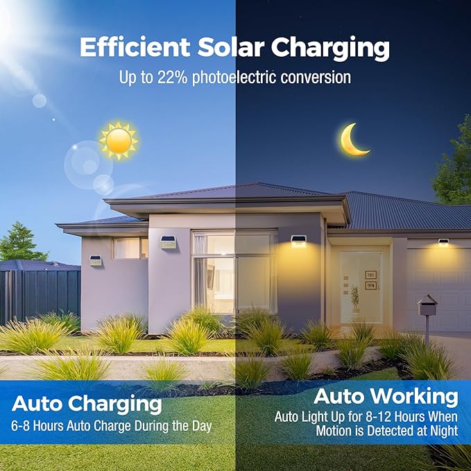 Peasur White Frame Solar Motion Sensor Lights Outdoor, 2 Packs 180LED Warm Solar Wall Lights Waterproof, 3 Modes Fence Security Lighting for Deck Yard Stairs Garden