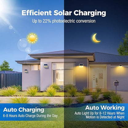 Peasur White Frame Solar Motion Sensor Lights Outdoor, 2 Packs 180LED Warm Solar Wall Lights Waterproof, 3 Modes Fence Security Lighting for Deck Yard Stairs Garden