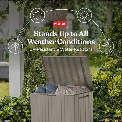 Keter City 30 Gallon Resin Outdoor Storage Box & Patio Side Table for Balcony, Pool, Deck & Garden Accessories, Weather‑Resistant, Beige