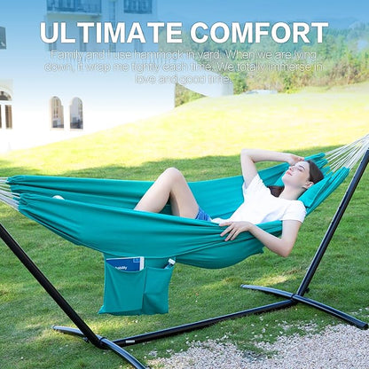 PNAEUT Double Hammocks with Stand for Outside, Portable Space Saving Heavy-Duty Steel Stand for Indoor Outdoor Patio with Carrying Bag, 450 lbs Capacity (Aqua)