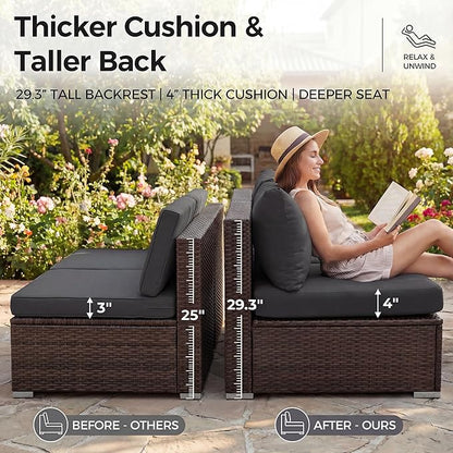 NICESOUL 9 Piece Extra Large Outdoor Patio Furniture Set with Fire Pit Natural Gas/Propane, 29.3 High Back Modular Sectional Couch Sets, Deep Seat Conversation Set, Brown Rattan and Dark Grey Cushion