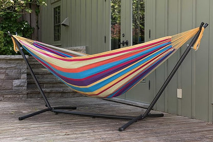 Vivere Double Cotton Hammock with Space Saving Steel Stand, Upgraded Polyester End Strings 450 lb Capacity - Premium Carry Bag Included - (Tropical)