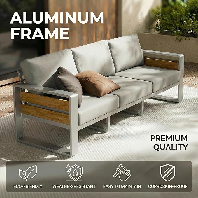ZANDOR Aluminum Outdoor Patio Furniture - 2 Pcs Armchairs and Coffee Table, All-Weather Metal Modern Outside Furniture with Washable Thick Cushion for Garden/Backyard/Porch, Silver