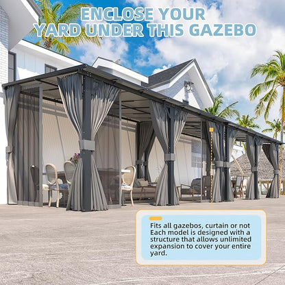 AECOJOY 14' x 12' Gazebo Outdoor Pergola with Curtains and Netting for Patio, Large Wall-Mounted Hardtop 12x14 Lean to Metal Heavy Duty Gazebo, Pergolas and Gazebos Clearance with Patio Roof Awnings